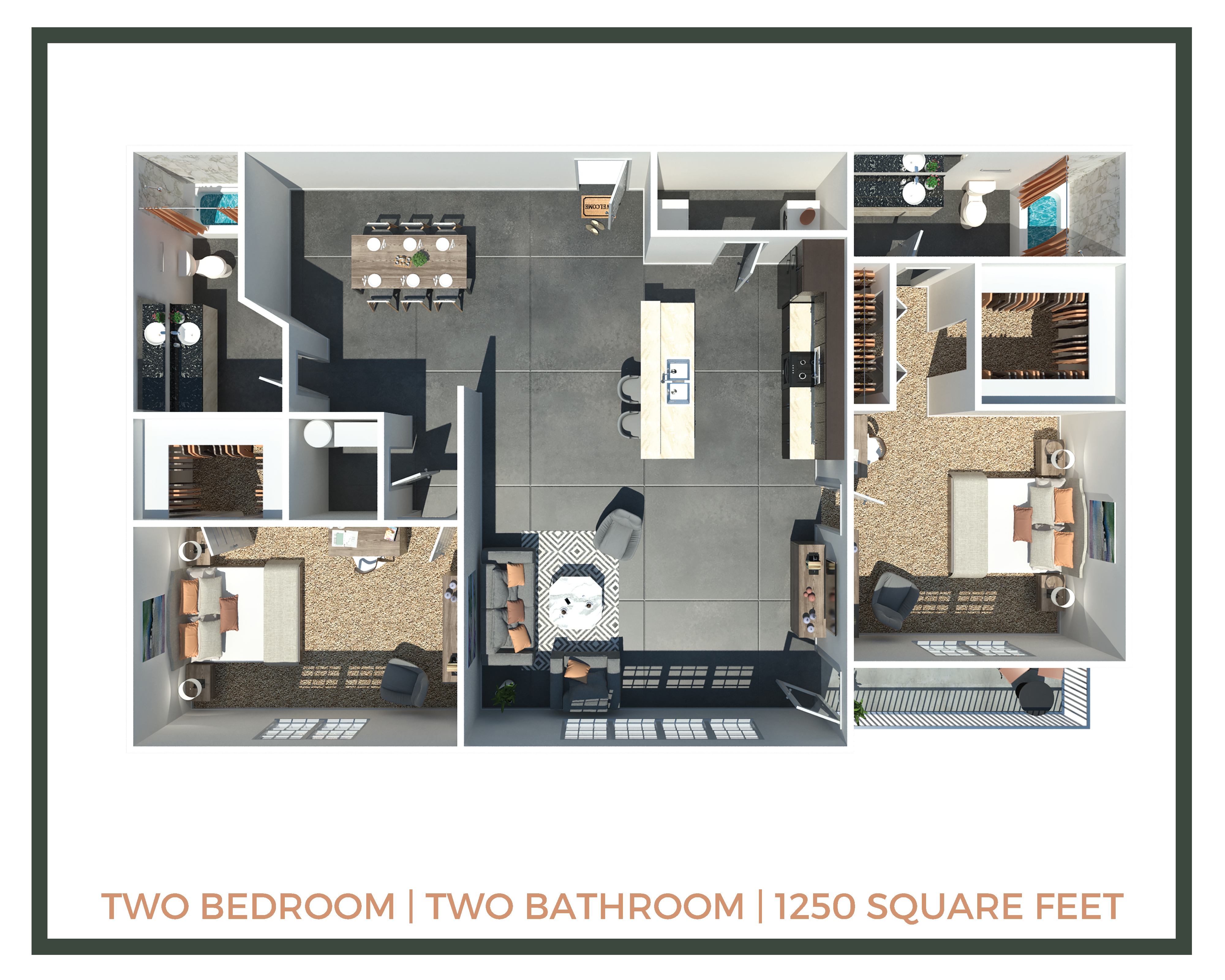 Floor plan for 2 beds, 2 baths, 1250 sqft